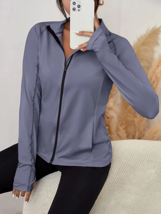 Zip Up Slant Pocket Warming Sports Jacket With Thumb Hole - Image 3