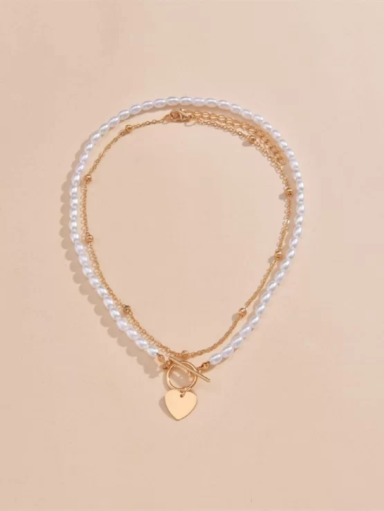 Two Pieces Heart Charm Faux Pearls Beaded Necklace - Image 2