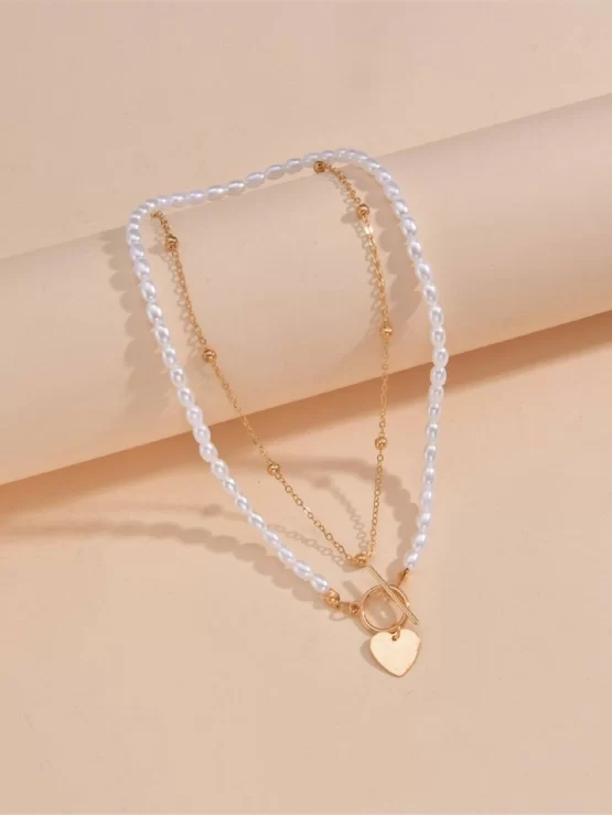 Two Pieces Heart Charm Faux Pearls Beaded Necklace - Image 3