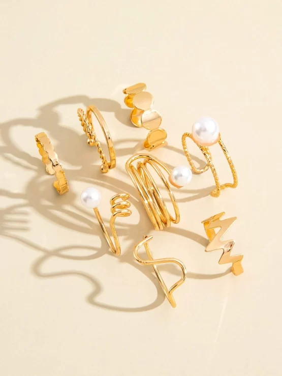 8 Pieces Round & Faux Pearls Decor Ring - Image 2
