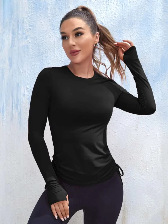 Breathable Softness Ruched Drawstring Marled Knit Sports Tee - Image 5