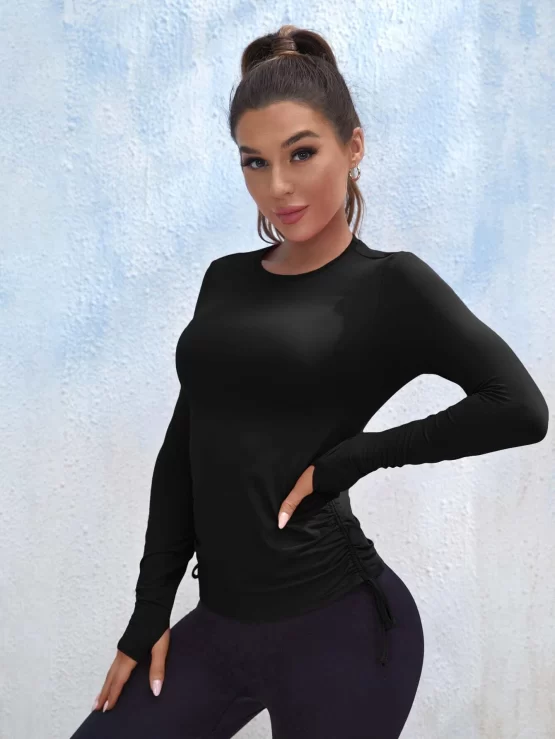 Breathable Softness Ruched Drawstring Marled Knit Sports Tee - Image 4