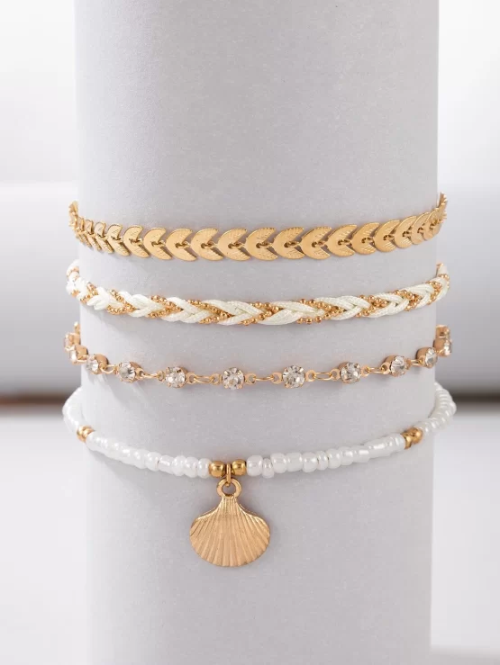 Four Pieces Shell & Rhinestone Decor Anklet - Image 2