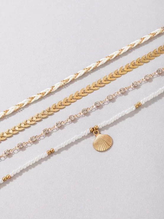 Four Pieces Shell & Rhinestone Decor Anklet - Image 3