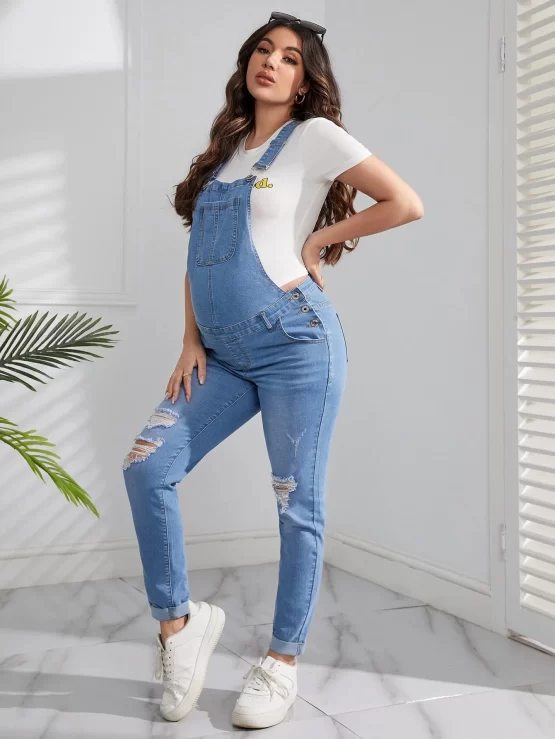 Maternity Patched Pocket Ripped Skinny Denim Overall - Image 3