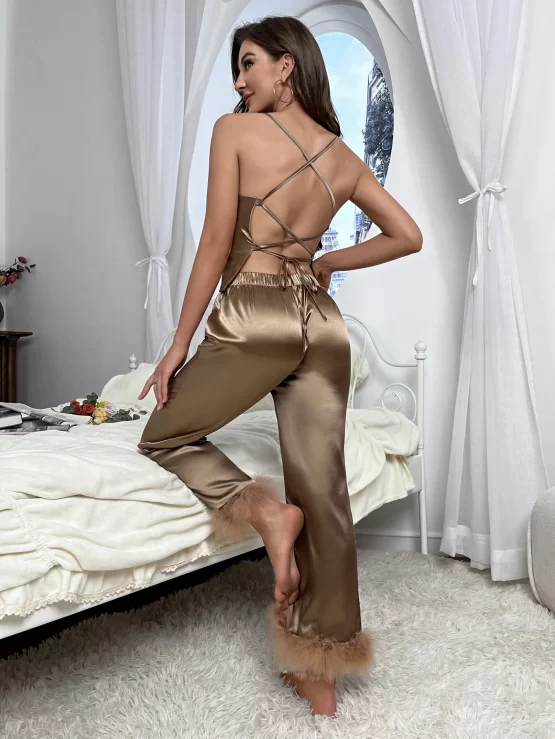Lace Up Backless Draped Fuzzy Trim Cami PJ Set - Image 3