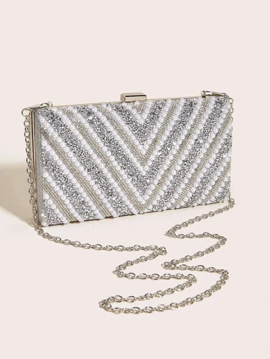 Rhinestone & Faux Pearls Decor Box Bag - Image 3