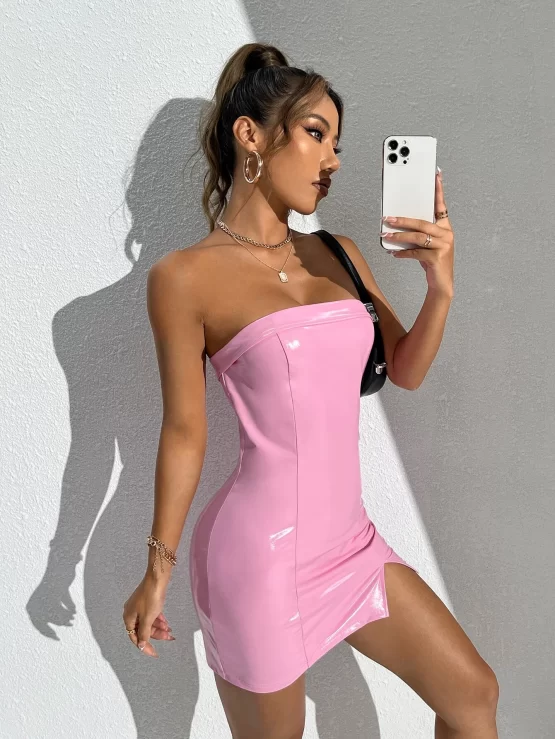 Split Hem Bodycon Zipper PU Back Dress - Image 2