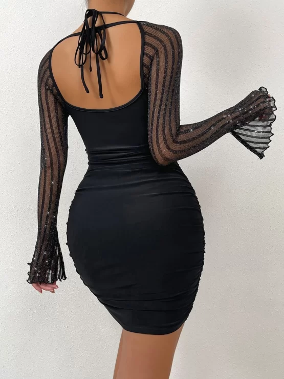 Contrast Mesh Sexy Halter Bodycon Dress - Image 3