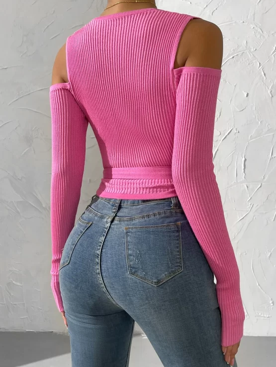 Tie Side Cold Plunging Neck Shoulder Sweater - Image 2