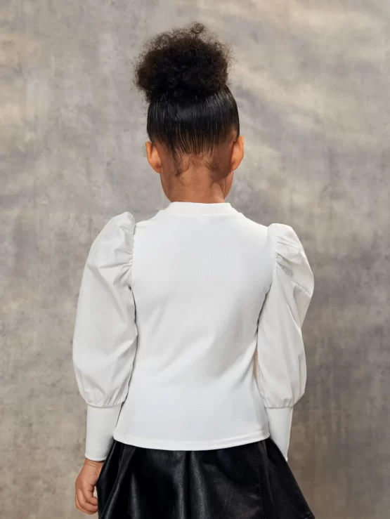 Toddler Girls Mock Neck Puff Sleeve Front Tee - Image 2