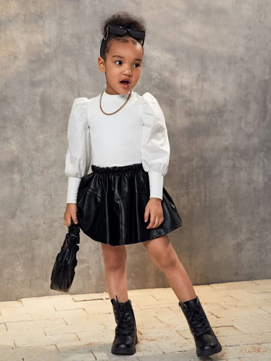 Toddler Girls Mock Neck Puff Sleeve Front Tee - Image 3
