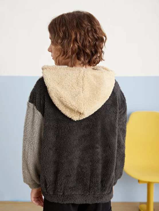 Boys Color Block Kangaroo Pocket Teddy Hoodie - Image 3