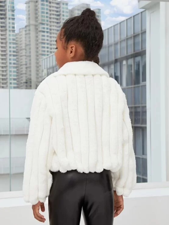 Girls Zip Up Pocket Patched Mohair Puffer Coat - Image 3