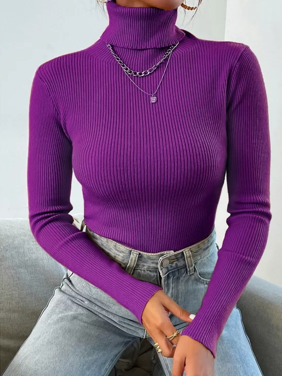 Turtleneck Ribbed Knit Sweater Without Necklace - Image 7