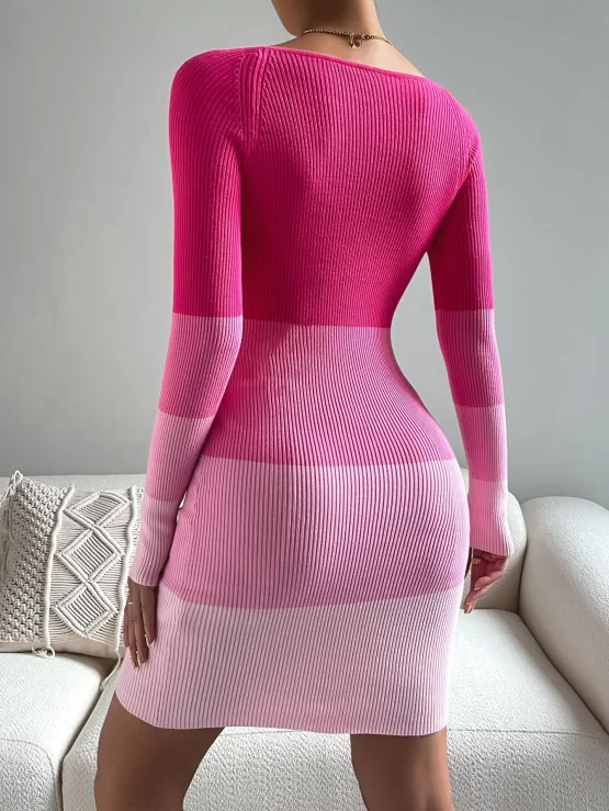 Color Block Sweetheart Neck Bodycon Sweater Dress Without Belt - Image 2