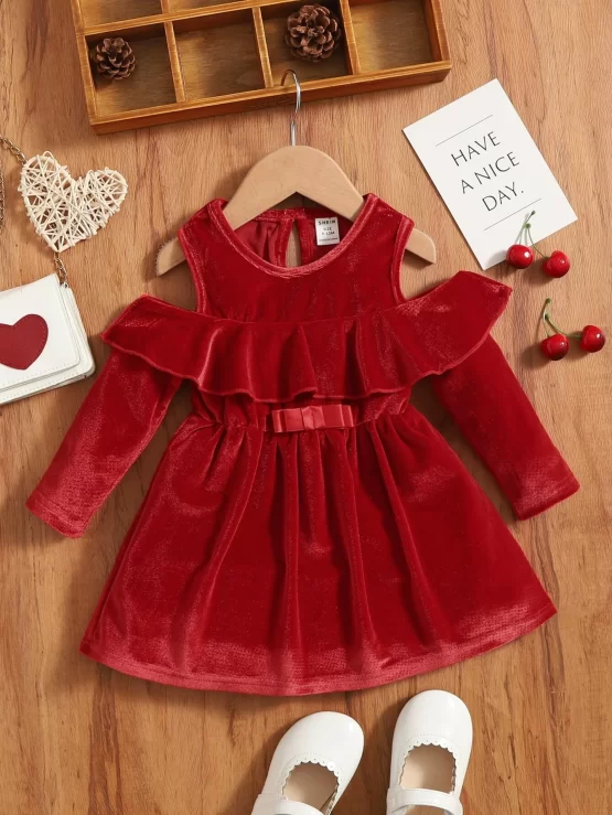 Baby Cold Shoulder Ruffle Velvet Trim Dress - Image 2