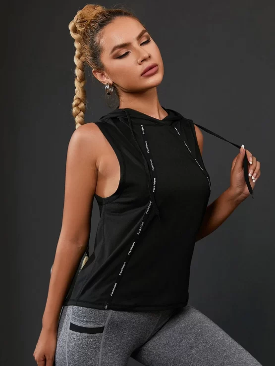 Contrast Letter Tape Drawstring Hooded Sports Tank Top - Image 4