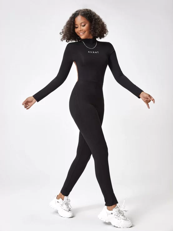 Letter Graphic Mock Neck Unitard Backless Jumpsuit