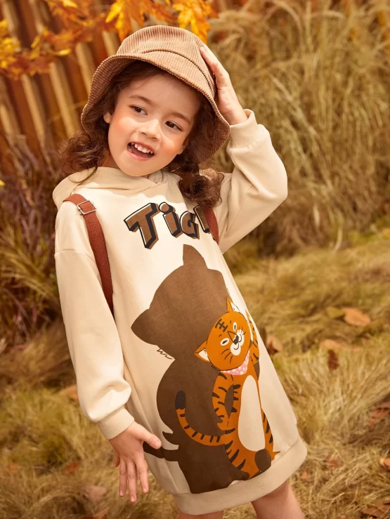 Toddler Girls Letter & Cartoon Graphic Hoodie Drop Shoulder Dress - Image 3