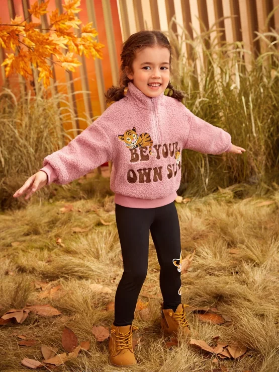 Toddler Girls Letter & Tiger Embroidery Half Zip Detail Sweater - Image 2