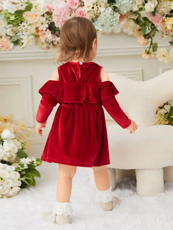 Baby Cold Shoulder Ruffle Velvet Trim Dress - Image 3