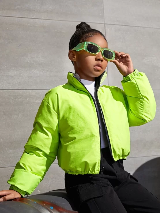 Girls Zipper Front Reversible Puffer Coat - Image 3