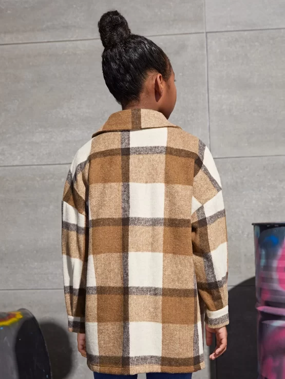 Girls Plaid Single Breasted Drop Shoulder Button Overcoat - Image 2