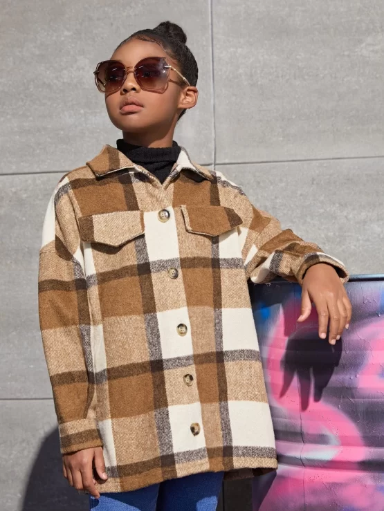 Girls Plaid Single Breasted Drop Shoulder Button Overcoat - Image 3