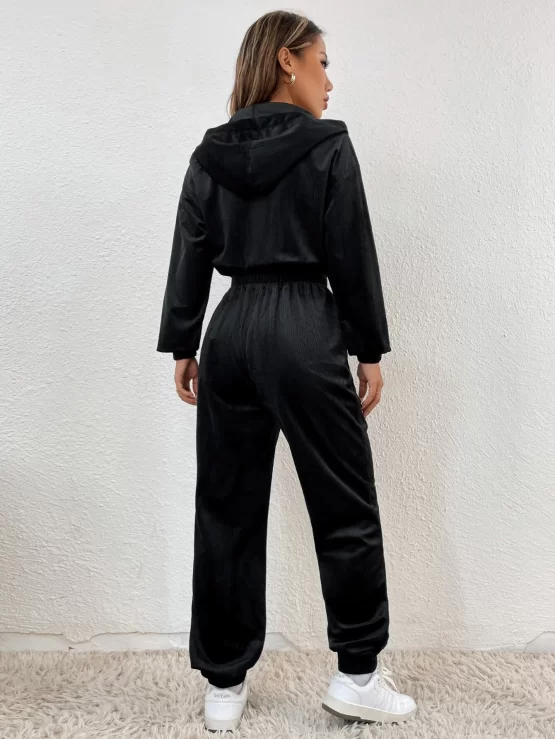 Letter Embroidery Drop Shoulder Zipper Hooded Sports Jumpsuit - Image 3