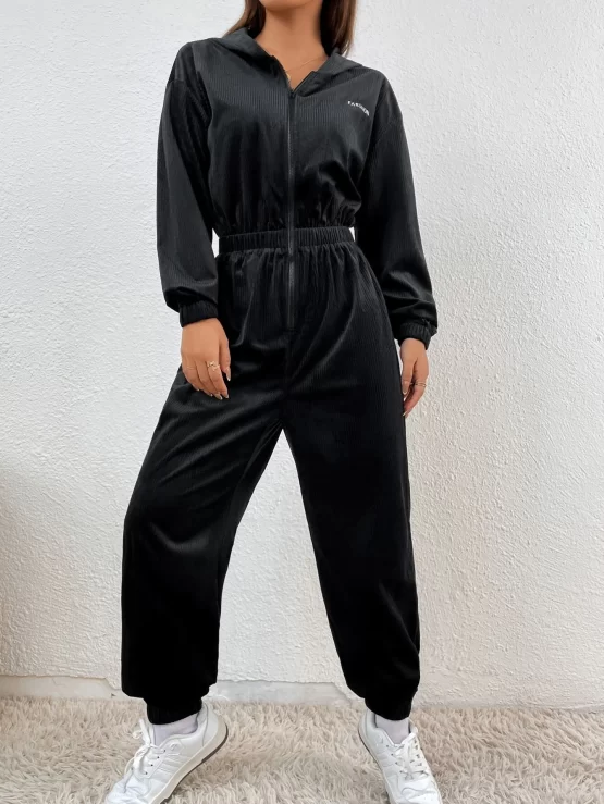 Letter Embroidery Drop Shoulder Zipper Hooded Sports Jumpsuit - Image 2