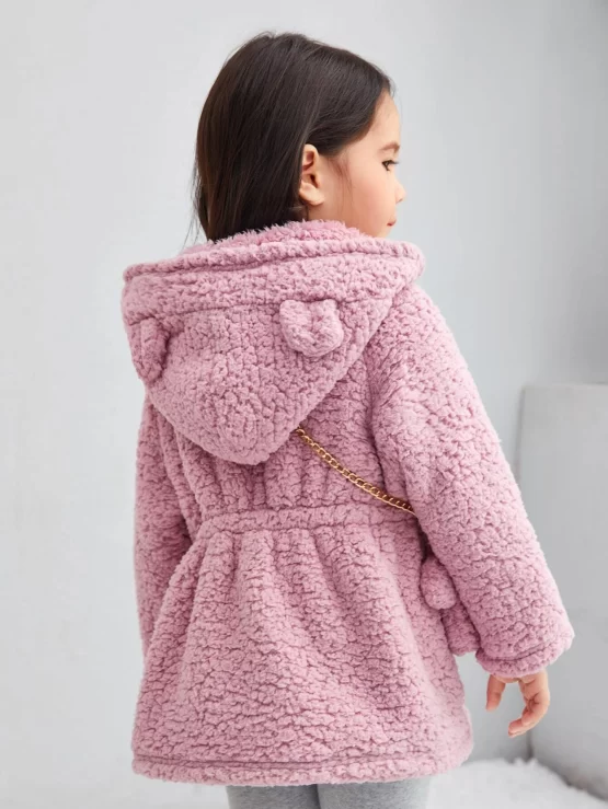Toddler Girls 3D Ears Design Teddy Hooded Coat With Bag - Image 2