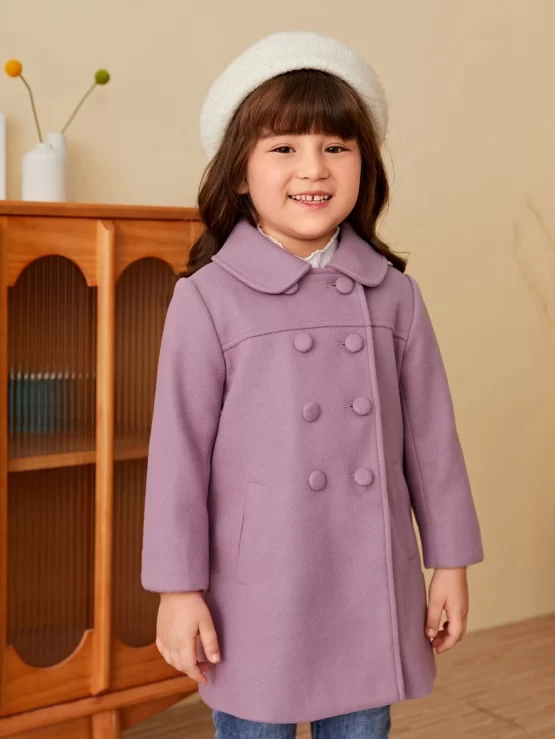 Toddler Girls Double Breasted Slant Pockets Button Coat - Image 2