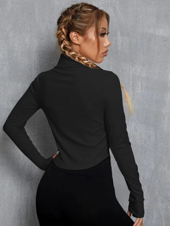 Collar Crop Plain Zipper Up Sports Jacket - Image 3