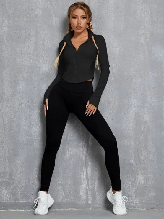 Collar Crop Plain Zipper Up Sports Jacket - Image 2