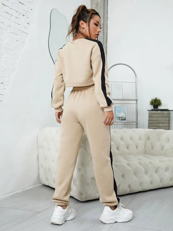 Two Tone Drop Shoulder Thermal Lined Crop Pullover & Drawstring Waist Sweatpants - Image 3