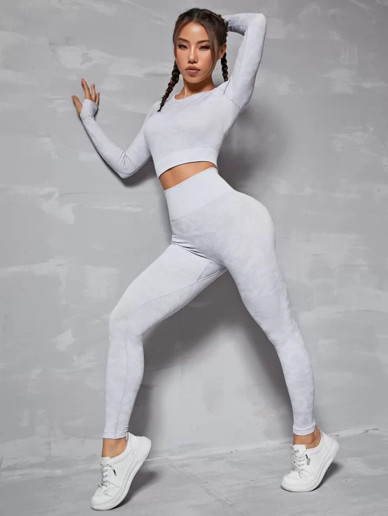 Raglan Sleeve Cut Out Back Thumb Holes Sports Set - Image 2