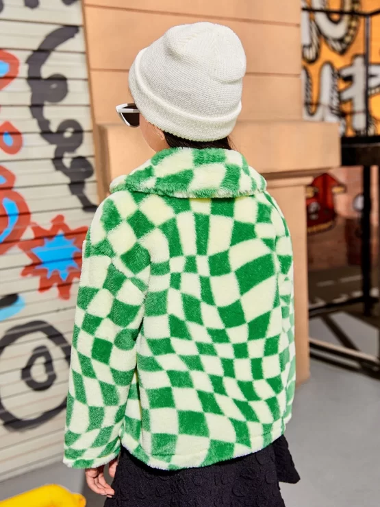 Girls Checkered Pattern Double Pocket Drop Shoulder Fuzzy Hooded Coat - Image 2