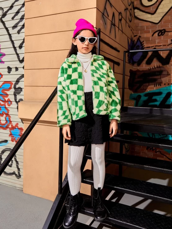 Girls Checkered Pattern Double Pocket Drop Shoulder Fuzzy Hooded Coat - Image 3