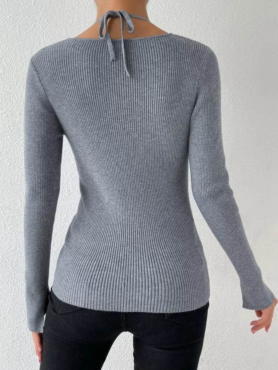 Tie Back Plain V Neck 2 In 1 Sleeve Sweater - Image 3
