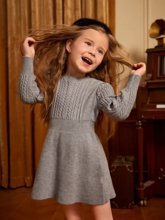Toddler Girls Shirred Cable Knit Sweater Dress - Image 3
