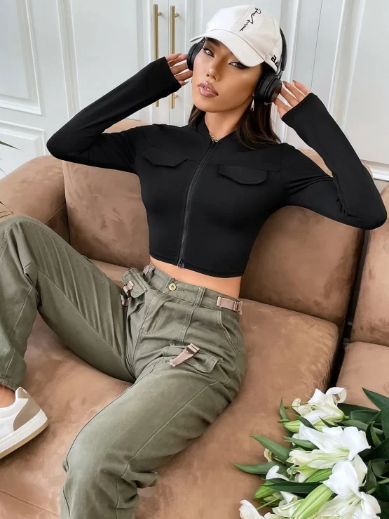 Zipper Up Plain Casual Flap Detail Crop Jacket - Image 3