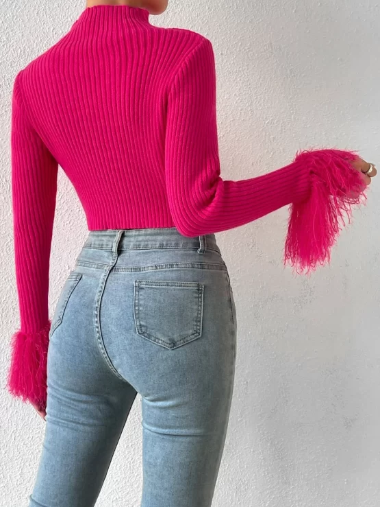 Mock Neck Fuzzy Contrast Faux Fur Cuff Crop Sweater - Image 6