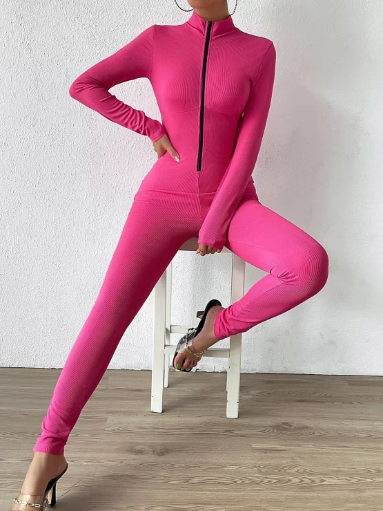Zipper Up Ribbed Knit Unitard Front Jumpsuit - Image 2