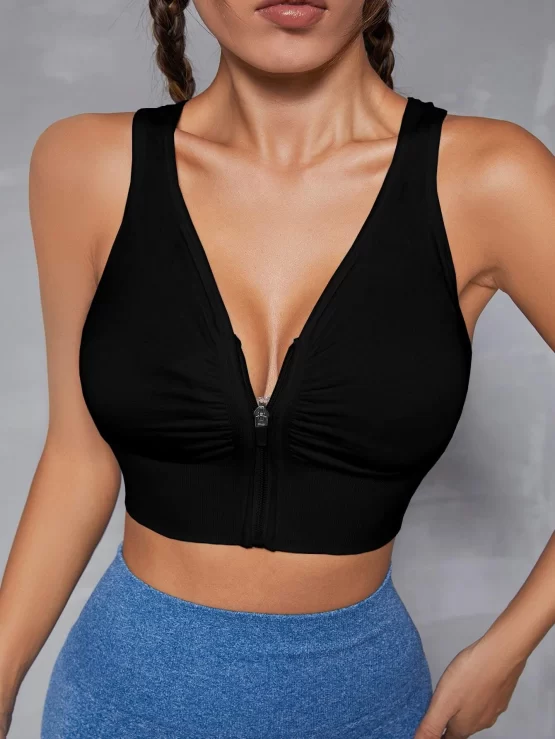 Cut Out Back Ruched Zipper Up Sports Bra - Image 6