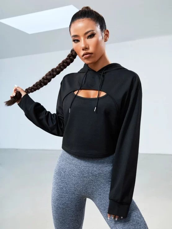 Cut Out Drop Shoulder Drawstring Sports Hoodie - Image 2