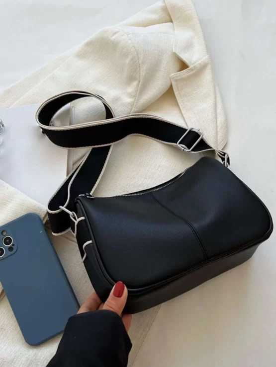 Contrast Piping Litchi Embossed Square Bag - Image 3