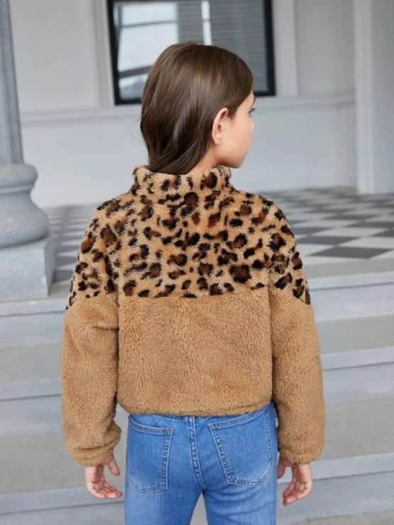 Girls Leopard Pattern Zip Up Flannel Teddy Jacket - Image 2