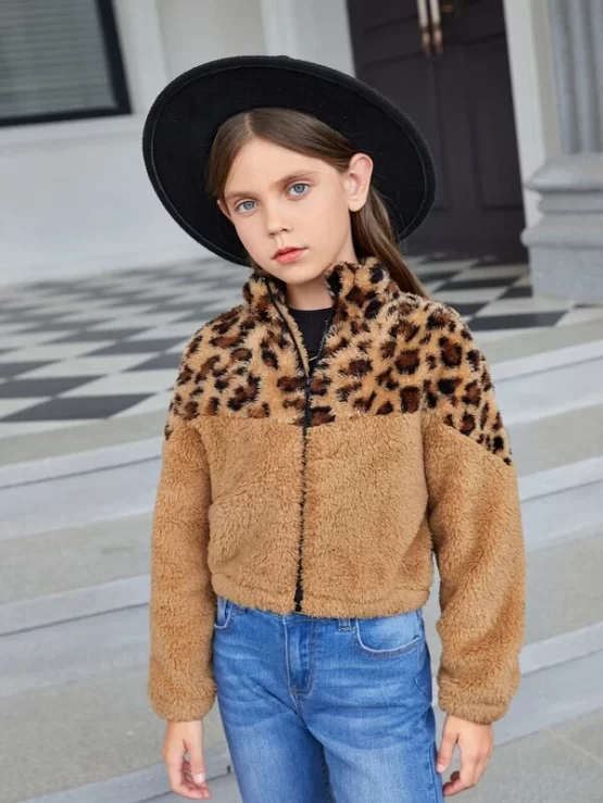 Girls Leopard Pattern Zip Up Flannel Teddy Jacket - Image 3