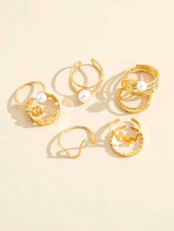 8 Pieces Round & Faux Pearls Decor Ring - Image 3